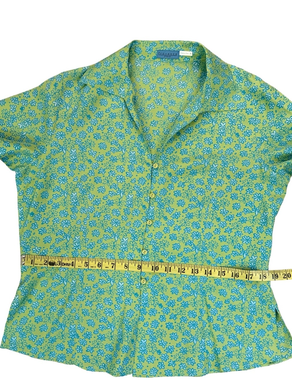 Provence d’amour 100% Silk Y2K Floral Blouse Lime Green Blue Daisy Print Medium - Picture 12 of 15
